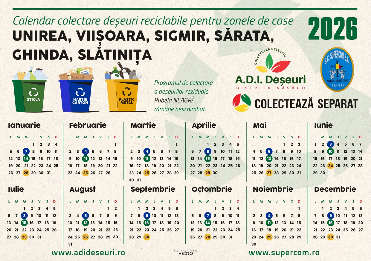 PROGRAM de colectare a deseurilor recirculabile in luna mai 2026 in Bistrita si localitatile aferente