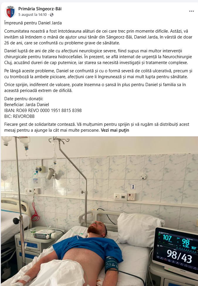 Daniel Jarda un tanar de 26 de ani este imobilizat la pat Viceprimarul din Sangeorz Bai Are nevoie de sprijinul nostru al tuturor
