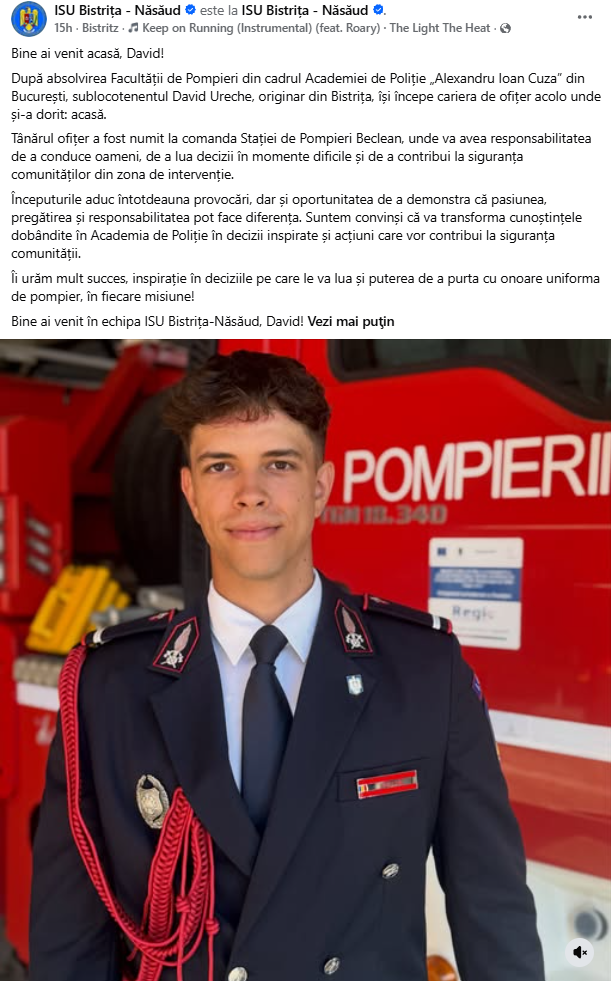 David Ureche devine comandant al Statiei de Pompieri Beclean la doar 22 de ani Est e o onoare si o mare responsabilitate