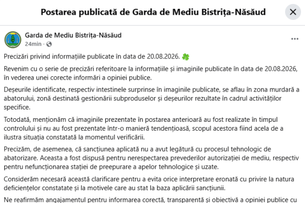 Gratian Morariu Amenda aplicata de Garda de Mediu Bistrita Nasaud firmei de pe strada Muscatei nu are legatura cu procesul de abatorizare Problema este statia de preepurare