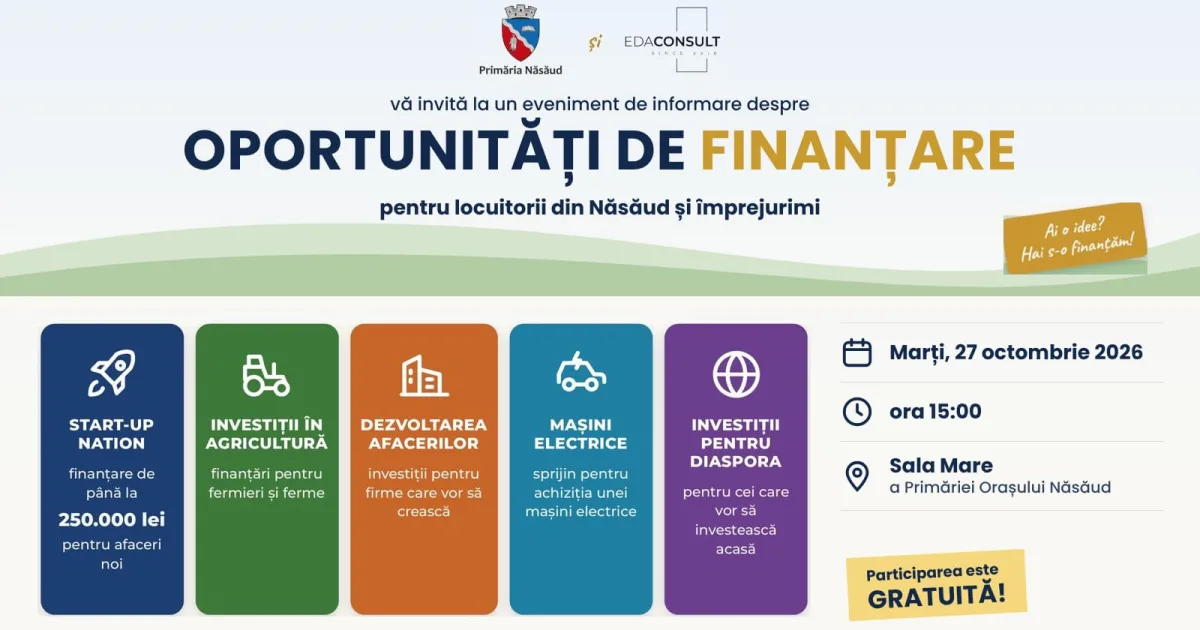 Eveniment gratuit despre finanțări pentru locuitorii din Năsăud, pe 27 octombrie