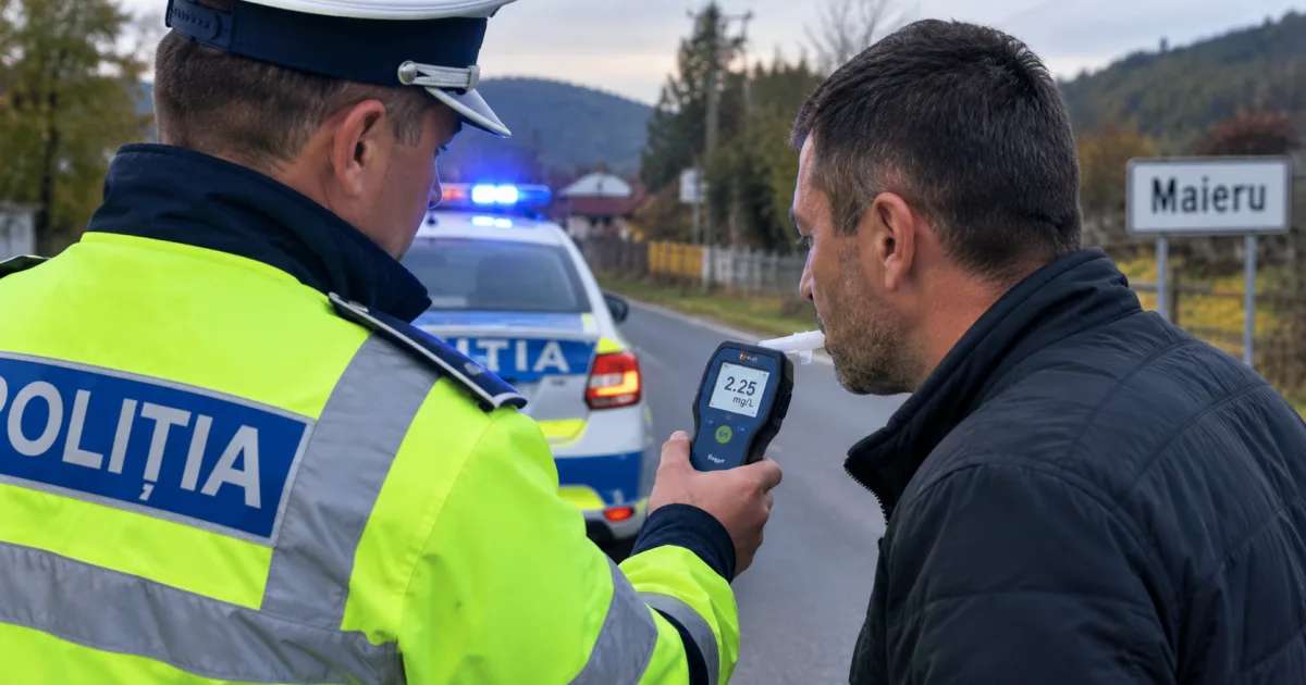 Record la etilotest: un bărbat din Maieru, prins cu 2,25 mg/l alcool pur în aerul expirat